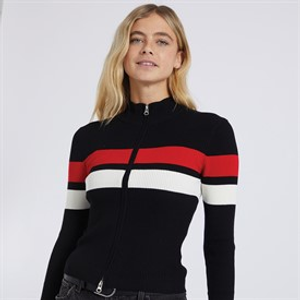 Brave Soul Womens Retro Zip Through Turtle Neck Cardigan Black/Red/White