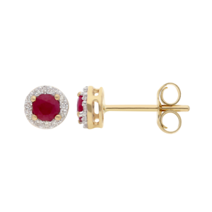 New 9ct Yellow Gold Ruby & Diamond Round Stud Earrings