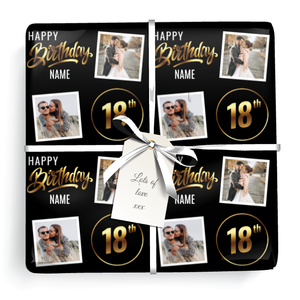 Personalised 18th Birthday Wrapping Paper - Black &amp; Gold - Upload 2 Photos &amp; Name