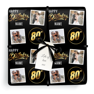 Personalised 80th Birthday Wrapping Paper - Black &amp; Gold - Upload 2 Photos &amp; Name