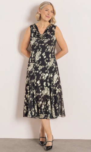 Anna Rose Floral Foil Print Midi Dress - Black/Silver