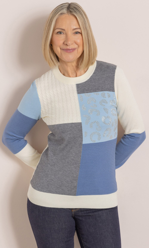 Anna Rose Embellished Patchwork Jumper - Ivory/Blue/Multi