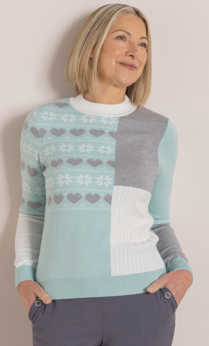 Anna Rose Fairisle Patchwork Jumper - Ivory/Aqua/Grey