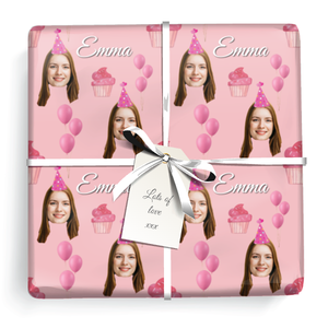 Personalised Birthday Wrapping Paper - Pink Balloons Cupcake- Upload 1 Photo &amp; Name