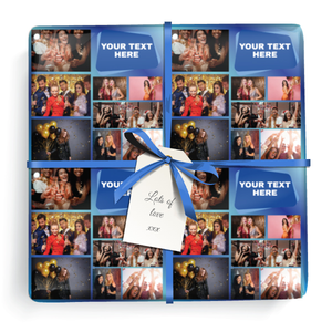 Personalised Party Wrapping Paper -  Blue Design- Upload 9 Photos &amp; Add Text &amp; Name
