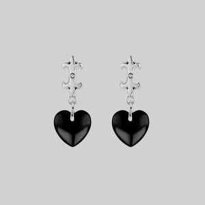 SHIELD. Medieval Black Glass Heart Drop Earrings - Silver - Silver