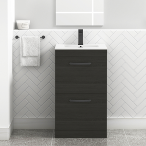 Turin 500mm Floor Standing Vanity Unit Hale Black 2 Drawer Minimalist Basin Unit with Matt Black Handle