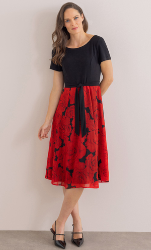 Floral Print And Plain Short Sleeve Dress - Black/Red