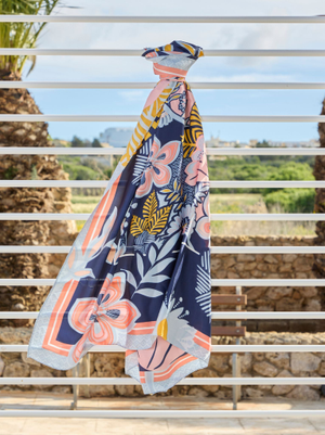 Tropical Print Silk Feel Scarf - Blue/Pink