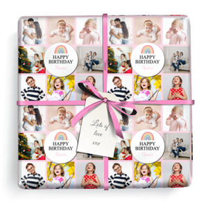 Personalised Birthday Wrapping Paper - Pink Rainbow - 8 Photos &amp; Name