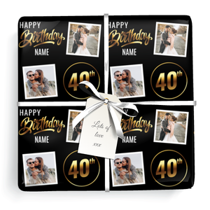 Personalised 40th Birthday Wrapping Paper - Black &amp; Gold - Upload 2 Photos &amp; Name