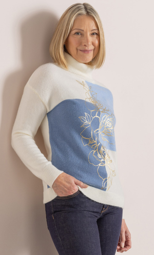 Anna Rose Foil Print Turtle Neck Jumper - Ivory/Blue/Multi
