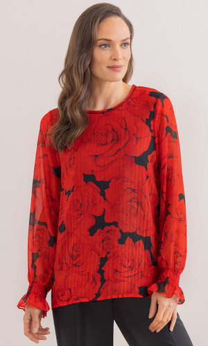 Floral Print And Shimmer Stripe Top - Black/Red