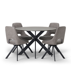 Venice Grey Ceramic Round Dining Table + 4 Nico Swivel Dining Chairs in Dark Grey with Black Metal Legs