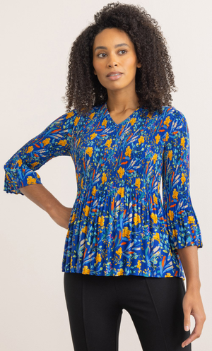 Three Quarter Sleeve Garden Print Pleated Top - Blue/Orange