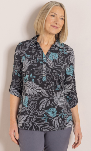 Anna Rose Botanical Print Top - Black/Ivory/Aqua