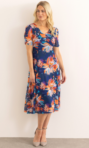 Bouquet Printed Panelled Mesh Dress - Navy/Orange/Aqua