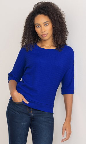 Textured Button Cuff Top - Deep Blue