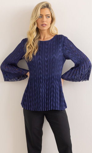 Pleated Flare Bell Sleeve Top - Navy