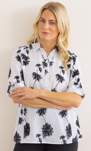 Floral Embroidered Cotton Top - White/Black