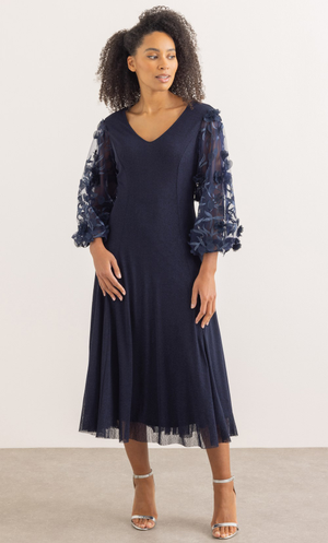 Floral Applique Puff Sleeve Midaxi Mesh Dress - Navy