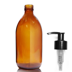 500ml Amber Glass Sirop Bottle & 28mm Lotion Pump - Black (Ribbed)