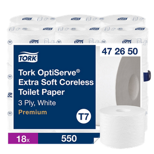 Tork OptiServe Toilet Paper Rolls 3 Ply Coreless 472650 18 Rolls of 550 Sheets 