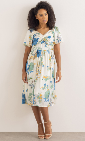 Floral Print Puff Sleeve Midi Dress - Ivory/Multi