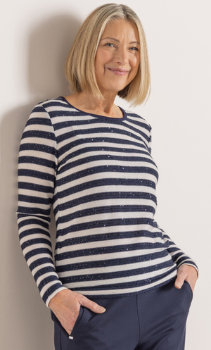Anna Rose Embellished Striped Lightweight Jumper - Navy/Ivory
