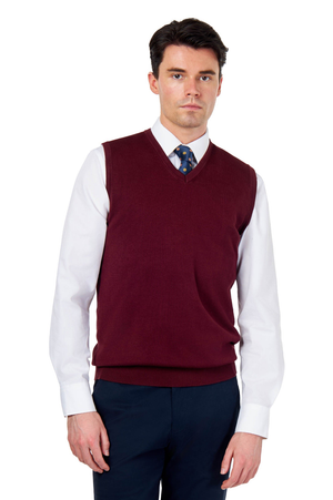 KNITTED COTTON MAROON SLEEVELESS JUMPER V-NECK VEST