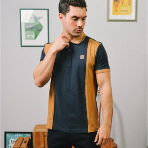 Lambretta Mens Vintage Colourblock Retro Polo Shirt - XL / Navy/Tobacco