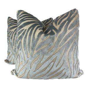 Zebra Cut Velvet in Silver/Blue 22" Pillows-A Pair