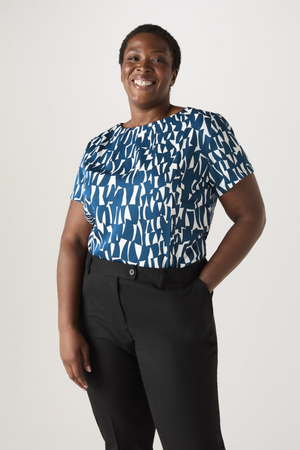 SJ Women's Pleat Neck Print Blouse, Caribbean Shards
