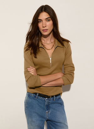 Organic Cotton Zip Collar Top - UK 08 | EU 34 | US 04 / Camel