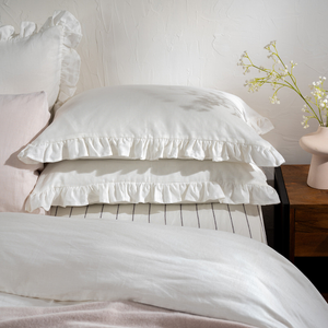 White Ruffled French Linen Pillowcases