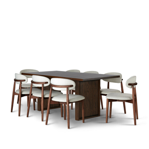 Oliver Dark Oak Dining Table + 8 Otis Chairs Cool Grey with Walnut Stained Beech Legs