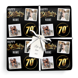 Personalised 70th Birthday Wrapping Paper - Black &amp; Gold - Upload 2 Photos &amp; Name