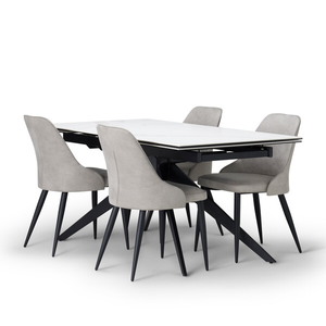 Trento White Ceramic Extending Dining Table + 4 Aria Dining Chairs in Light Grey with Black Metal Legs