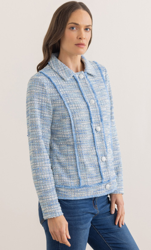 Boucle Fringed Button Jacket - Blue