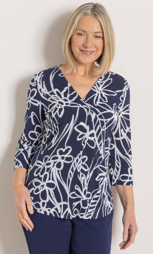 Anna Rose Textured Floral Print Top - Navy/Ivory
