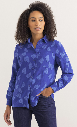 Patterned High Low Long Sleeve Shirt - Deep Blue