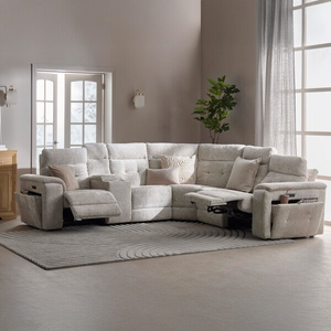 Juno Large Corner Electric Recliner Sofa With Wireless Charging Console and Power Headrests in Koto Turtle Dove Fabric