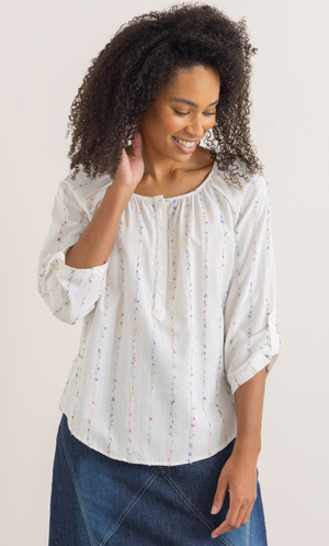 Textured Stripe Cotton Blend Top - White/Orange/Blue
