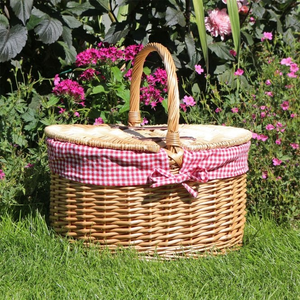 Oval Lidded Wicker Picnic Basket Red Check Lining