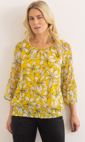 Smocked Hem Floral Print Top - Mustard/White