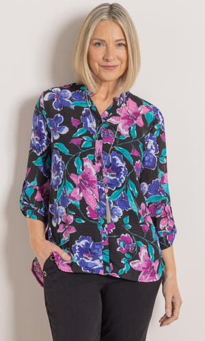 Anna Rose Floral Print Blouse With Necklace - Black/Pink Multi