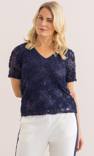 Sequin Ruffle Lace Short Sleeve Top - Navy