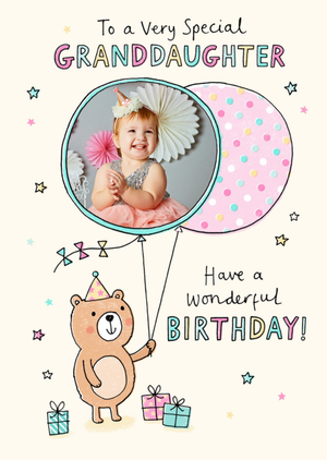 Cute Illustrated Bear Holding Balloon Granddaughter Photo Upload Birthday Card