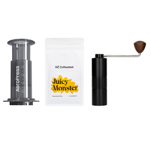 Zestaw AeroPress + młynek Barista Space + kawa Hi!Coffeedesk Juicy Monster 
