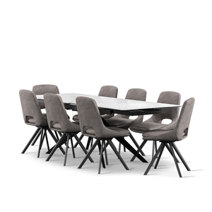Trento White Ceramic Extending Dining Table + 8 Nico Swivel Dining Chairs in Dark Grey with Black Metal Legs